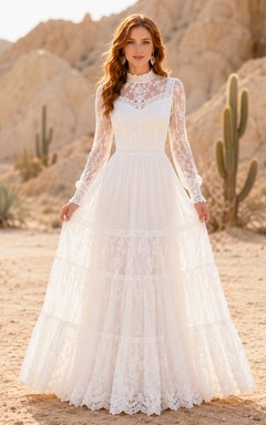 Robe de mariée western à col montant, manches illusion en dentelle à volants et coupe trapèze