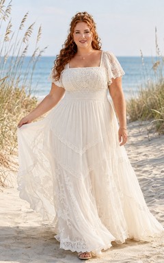 Plus Size Beach Square Neck Short Flutter Sleeve Tiered Lace A-Line Wedding Dress