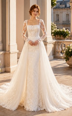 Brautkleid aus Spitze und Tüll, A-Linie, eckiger Ausschnitt, lange Ärmel, Schleppe