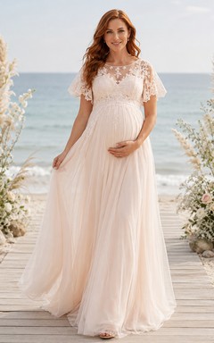 Beach Chiffon Wedding Dress Empire V-Neck Short Sleeve Floor Length Bridal Gown