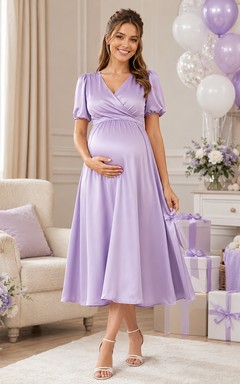 Violet Keepsake Lavender Empire Tea-Length V-Neck Short-Sleeve Satin Romantic Maternity Dress