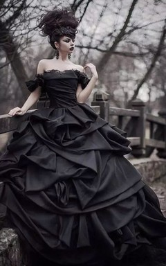 Ball Gown Taffeta Off-the-shoulder Sleeveless Floor-length Princess Wedding Dress with Cascading Ruffles and Ruching