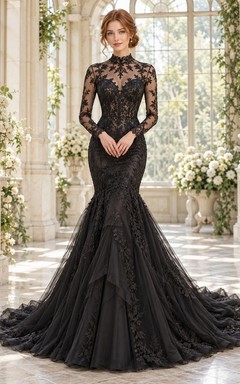 Black Mermaid Long Sleeve High Neck Lace Panel Wedding Dress