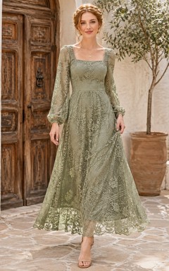 Sage Lace Square-Neck Long-Sleeve A-Line Ankle-Length Occasion Dress