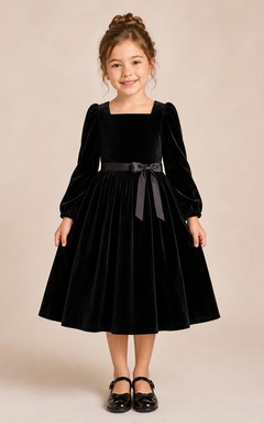 Black Tea-Length Long Sleeve A-Line Flower Girl Dress with Bow Sash