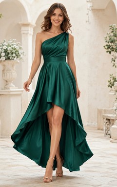 Emerald One-Shoulder Draped Satin High-Low A-Line Evening Formal Dress