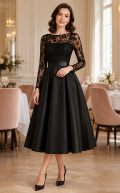 Robe de cocktail/thé modeste à manches longues en dentelle illusion noire