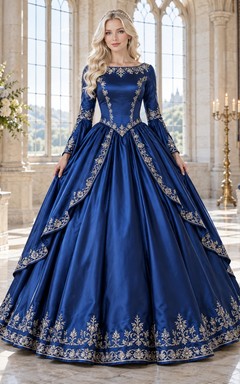 Robe de bal médiévale en satin bleu roi brodé, manches longues cloche
