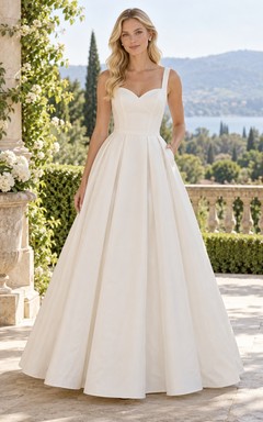 Vestido de novia sencillo de corte A, escote corazón, tirantes anchos, sin mangas, plisado, de popelina tejida.
