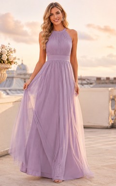 Lavender Sleeveless High Neck Floor-Length Chiffon A-Line Dress