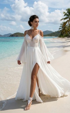 Robe de mariée bohème de plage, épaules dénudées, en mousseline avec corsage en dentelle et fente.