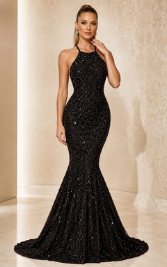 Vestido de fiesta de lujo Starlit Column Black Mermaid hasta el suelo, sin mangas, con escote halter y lentejuelas.