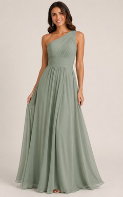 Chiffon-Abendkleid in Salbeigrün, bodenlanges A-Linien-Kleid mit einer Schulter und Falten