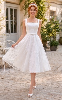 Civil Square Neck Lace Tea-Length A-Line Wedding Dress