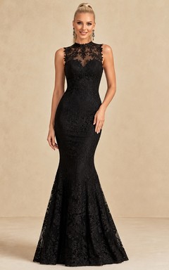 Vestido de noche formal de sirena, largo hasta el suelo, negro, sin mangas, con cuello alto y encaje ilusión