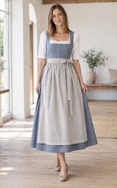 Robe Dirndl simple et modeste de style campagnard, bleu ardoise, col carré, tablier