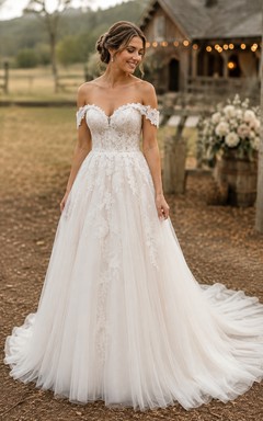 Country Off-the-shoulder Tulle A-line Wedding Dress with Lace