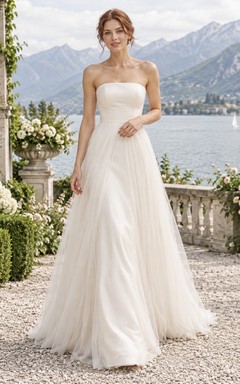 Romantisches trägerloses, ärmelloses Brautkleid aus Tüllsatin in A-Linie mit Schleppe