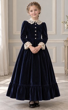 Viktorianisches dunkelblaues Samtkleid mit langen Ärmeln, Spitzenkragen und Knöpfen, Blumenmädchenkleid