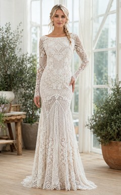 Boho-Hochzeitskleid mit eckigem Ausschnitt, langen Ärmeln, Meerjungfrauen-Stil, bodenlang, sexy und luxuriös, aus Spitze