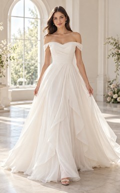 Off Shoulder Ruched Tulle Ruffled A-line Train Wedding Dress