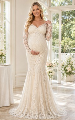 Maternity Wedding Mermaid Sweetheart Long Sleeve Lace Sweep Train Bridal Dress