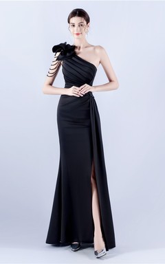 Vestido de noche de satén plisado con hombros descubiertos y escote alto, bordado a mano con cuentas y flores, para mujer.