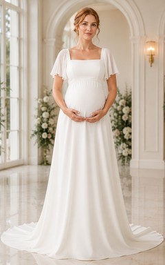 Robe de mariée en mousseline de plage, col empire carré, manches courtes, longueur au sol