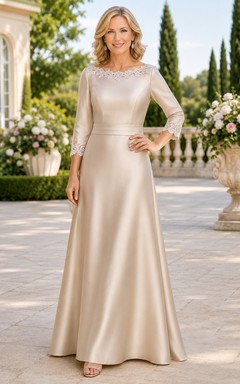 Elegantes, langärmeliges A-Linien-Kleid aus Satin mit Perlenbesatz am Ausschnitt
