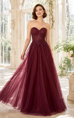 Romantic Burgundy Strapless Sweetheart Tulle A Line Formal Prom Evening Dress