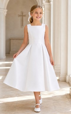Ärmelloses, plissiertes Satin-Kommunionkleid für Blumenmädchen in Teelänge