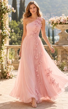 Blush One-Shoulder Pleated Floral Applique Tulle A-Line Floor-Length Prom Evening Dress