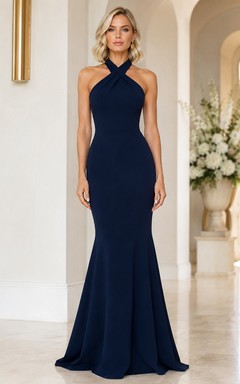 Dark Navy Halter Mermaid Formal Dress