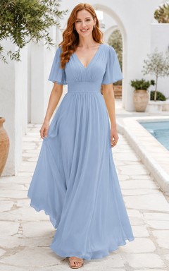 Sky Blue Resort A-Line Chiffon Bridesmaid Dress with V-Neck Flutter Sleeve Bodice, Pleated Floor-Length Skirt and Low V Back