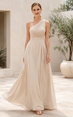 Champagne Elegant One-Shoulder Sleeveless Chiffon A-Line Floor-Length Evening Dress