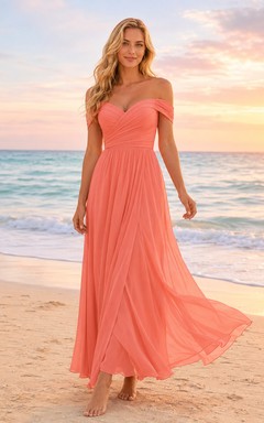 Coral Off Shoulder Chiffon Floor Length A Line Beach Dress