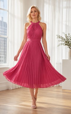 Fuchsia Halter Pleated Chiffon Elegant Midi Occasion Dress