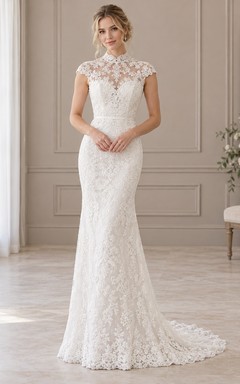Sheath High Neck Cap Sleeve Scalloped Lace Wedding Dress