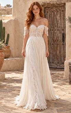 Boho Off Shoulder Fringe Sleeve Lace Chiffon Bridal Wedding Dress