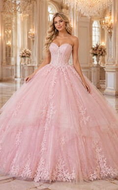 Pastel Pink Strapless Applique Tulle Quinceanera Ball Gown