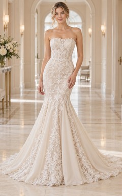 Meerjungfrauen-Brautkleid, trägerlos, mit Herzausschnitt, floraler Spitze, Satin-Einsatz und Schleppe