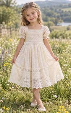 Square Neck Cream Puff Sleeve Banded Scalloped Gathered Tea-length Lace A-Line Flowergirl Dress