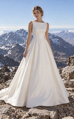 Vestido de novia sencillo de satén con escote barco, sin mangas, corte en A, cintura fruncida y espalda baja.
