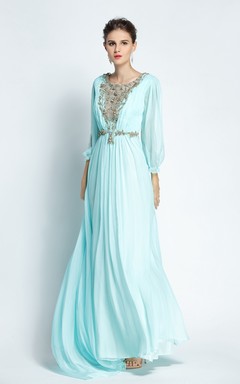 A-Linien-Abendkleid aus Chiffon mit langen Ärmeln, Schleppe, U-Boot-Ausschnitt, Perlenstickerei und Falten