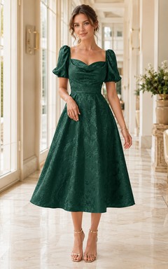 Robe midi élégante et formelle en dentelle jade à manches bouffantes et décolleté cœur
