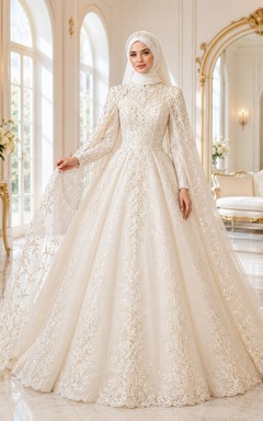 Modest Muslim Embroidered Cape Palace Bridal Ball Gown