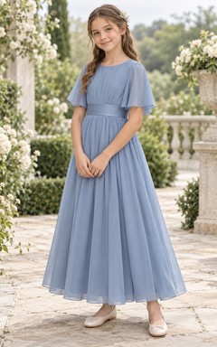 Simple Modest Ankle-length Steel Blue Jewel Neck Bell Sleeve Ruched Chiffon Sashed Flowergirl Dress