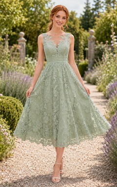 Sage green sleeveless lace tea length A-line garden guest dress