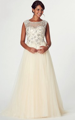Ärmelloses A-Linien-Abendkleid aus Tüll mit Perlenbesatz und Rundhalsausschnitt