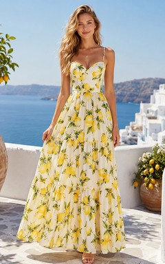 Lemon Print Spaghetti Strap Sweetheart Resort Maxi Dress